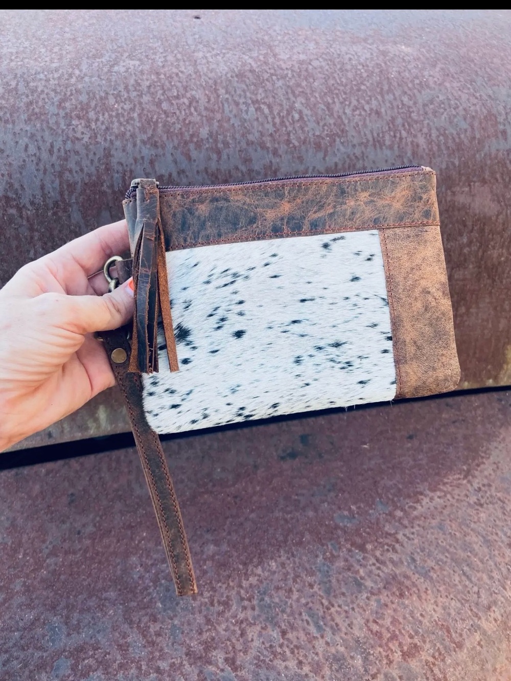 Brown Leather & White Speckled Cowhide Wristlet Clutch